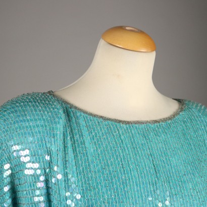 Pull Vintage en Soie Turquise avec Paillettes Taille L Années 1980