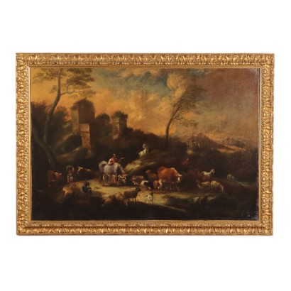 Painting Landscape with Figures and Herds Oil on Canvas XVIII Century