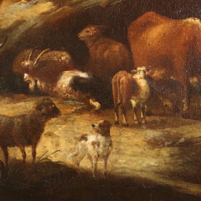 Painting Landscape with Figures and Herds Oil on Canvas XVIII Century