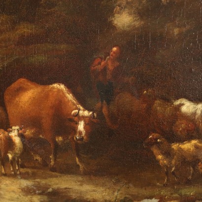 Painting Landscape with Figures and Herds Oil on Canvas XVIII Century