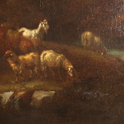 Painting Landscape with Figures and Herds Oil on Canvas XVIII Century