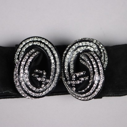 Ceinture Vintage Noire Strass Cuir Suède Boucle Plastique Années 80