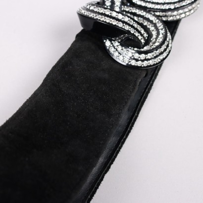 Ceinture Vintage Noire Strass Cuir Suède Boucle Plastique Années 80