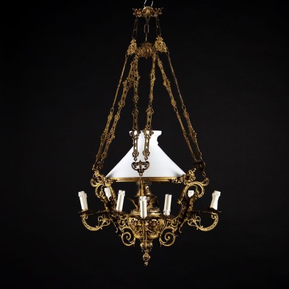 Ancient Art Nouveau Chandelier Gilded Bronze Italy \'900 10 Lights Glas