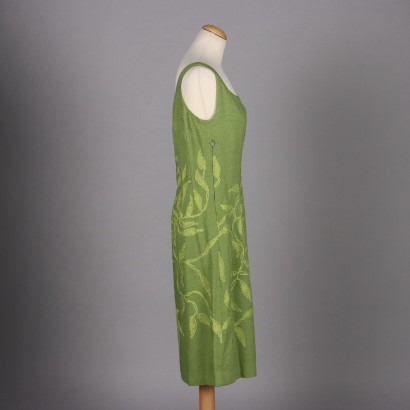 Robe Fourreau Vintage Lin Vert Taille L Italie Années 60-70 Épaules