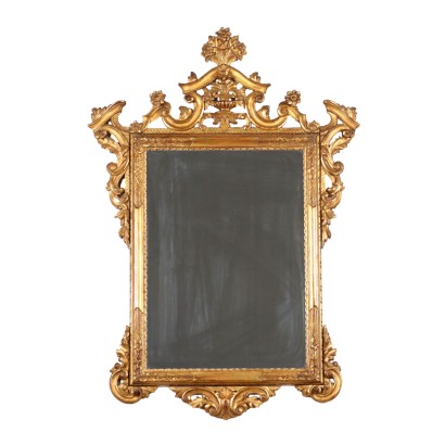 Miroir Ancien '900 Cadre en Bois Doré Gravé Fleurs