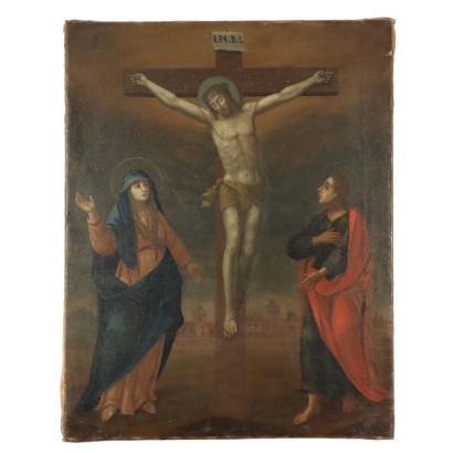 Antique Painting '700-'800 Holy Subject Crucifixion Oil on Canvas