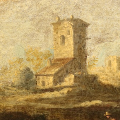 Dipinto Paesaggio con Edifici e Figure