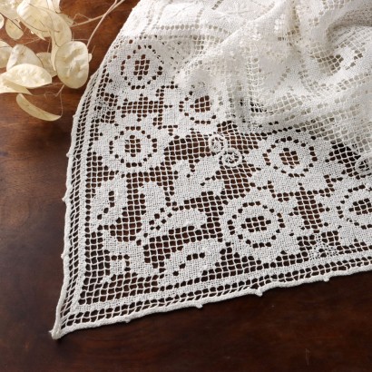 Nappe Ancienne '900 Coton Entièrement Brodé en Filet Blanc