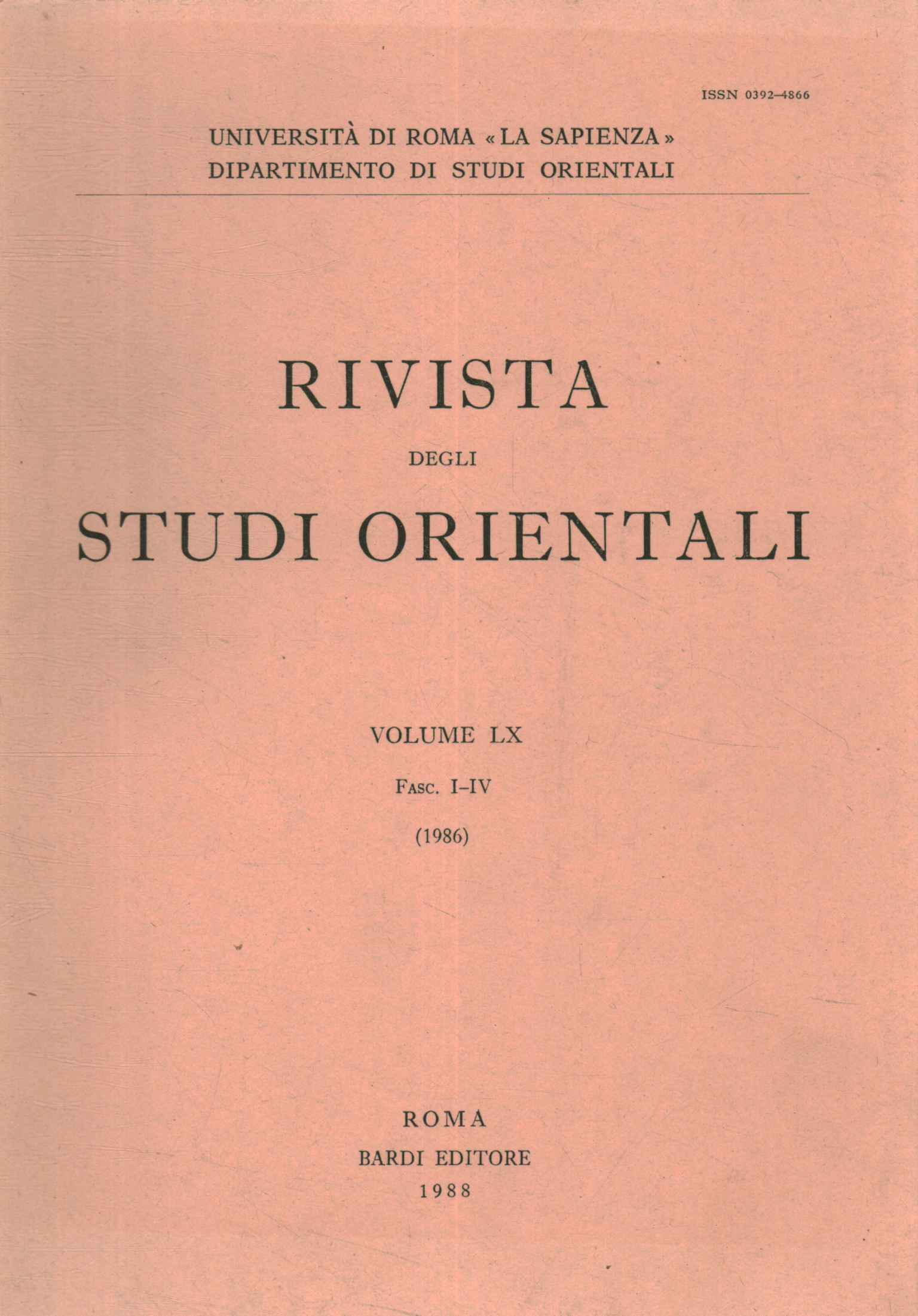 Rivista degli studi orientali Vol LX (