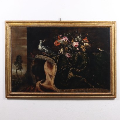 Tableau nature morte avec fleurs et oiseaux,Nature morte avec fleurs et oiseaux