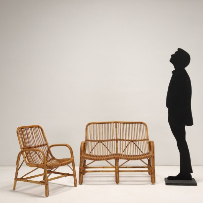 Canapé et paire de fauteuils, Trio de Sièges en Bambou des années 1950-1960