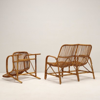 Canapé et paire de fauteuils, Trio de Sièges en Bambou des années 1950-1960