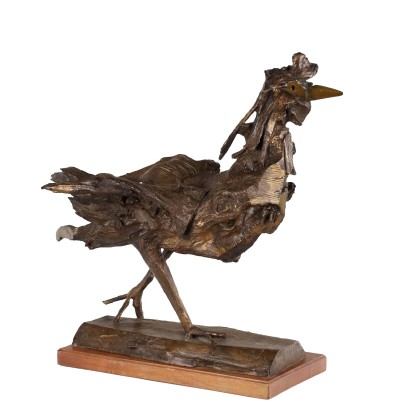 Coq en Bronze P. Maggioni Base en Bois Italie XXe Siècle