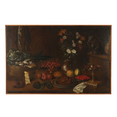 Tableau Ancien avec Nature Morte Huile sur Toile XVIIe Siècle