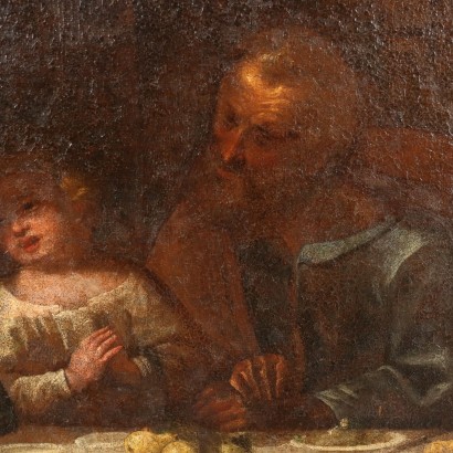 Peinture avec la Sainte Famille à table