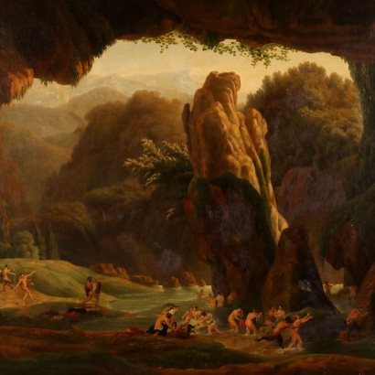 Tableau avec scène de nymphes et satyres, nymphes et satyres se baignant