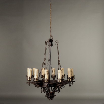 Antique Neo-Gothic Style Chandelier Wrought Iron XX Century