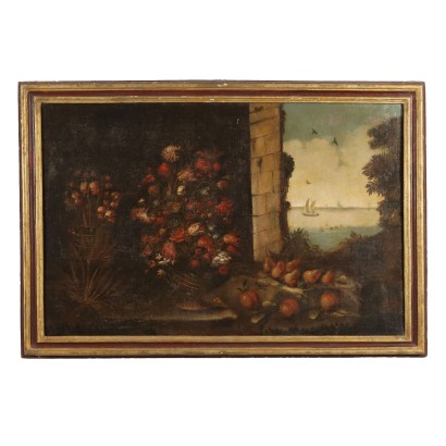 Tableau Ancien avec Nature Morte Huile sur Toile XVIIe Siècle