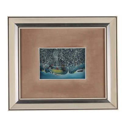 Naive painting by Mario Previ,The bonfire during the snowfall,Mario Previ,Mario Previ,Mario Previ,Mario Previ