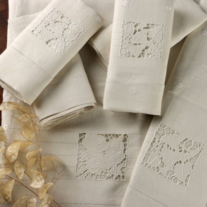 Drap Double Ancien avec 4 Taies d'Oreiller en Lin Beige Italie