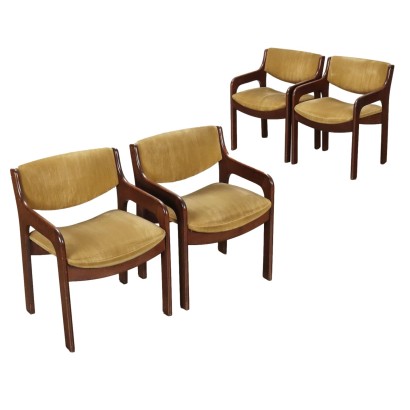 Groupe de 4 Chaises Vintage en Bois Velours Italie Années 60-70