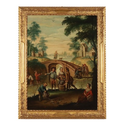 Antique Painting with Landscape Oil on Canvas XVIII Century