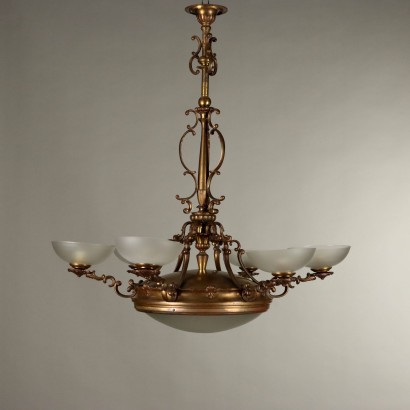 Antique 6 Light Chandelier Brass Italy 1940s