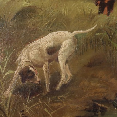 Peinture de paysage avec des personnages de chasse