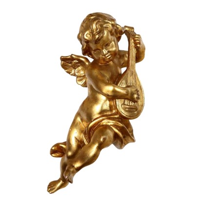 Putto Musicante in Legno Intagliato e Dorato