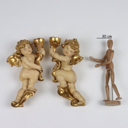 Paire de Putti en Bois Sculpté