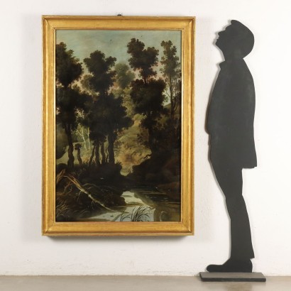 Dipinto Paesaggio con Figura,Paesaggio boschivo con figura