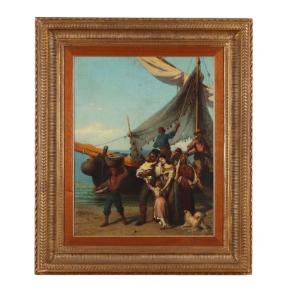 Antique Painting Genre Scene Oil on Hardboard XIX Century