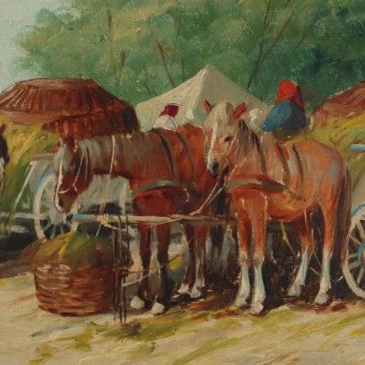 Peinture de figures paysannes et de wagons