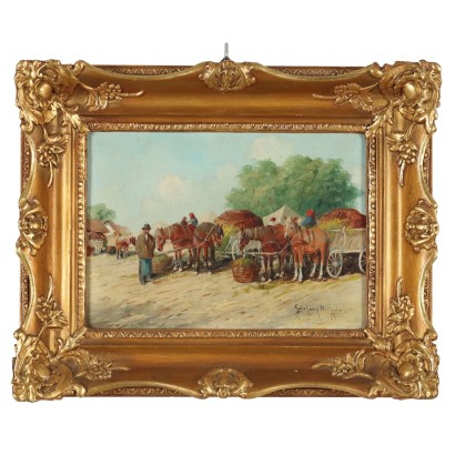 Pintura de figuras y carros campesinos.