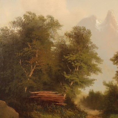 Peinture de paysage avec personnages et maisons