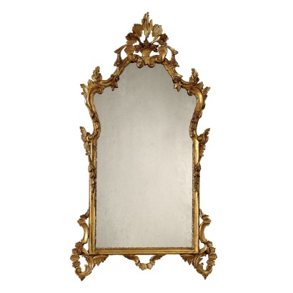 Miroir Ancien Bois Doré Gravé Italie du XXe Siècle