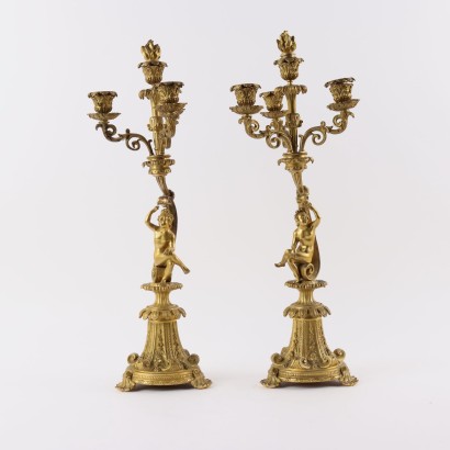 Pareja de Candelabros de Bronce Dorado