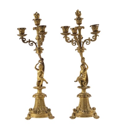 Coppia di Candelabri in Bronzo Dorato