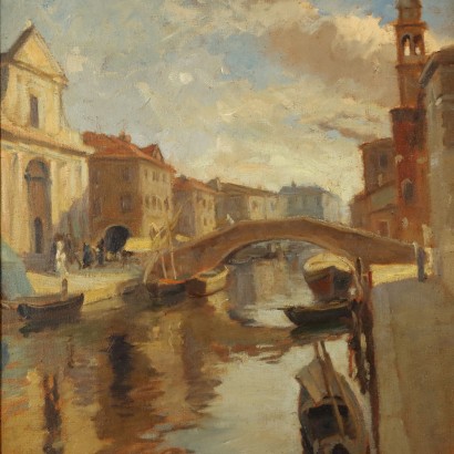 Painting by Emil Lindenfeld,Boats on the Canal,Emil Lindenfeld,Emil Lindenfeld,Emil Lindenfeld