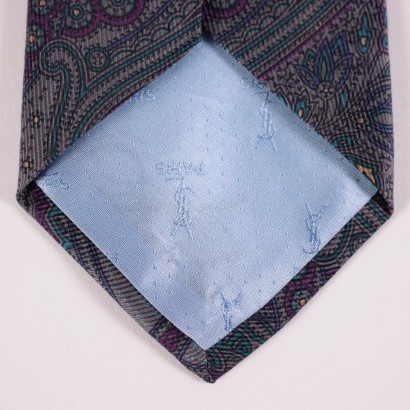 Vintage YSL Green Grey Purple Paisley Tie Silk Paris 1960s-1970s