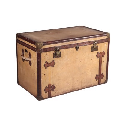 Vintage 1910s-20s Trunk Malle Courrier Leather Brass France