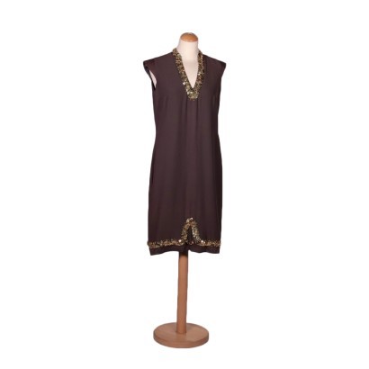 Vintage Brown Silk Dress With Sequins Italy 1960s-1970s