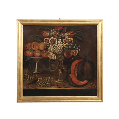 Nature Morte aux Fleurs Fruits et Chardonneret Huile sur Toile Italie