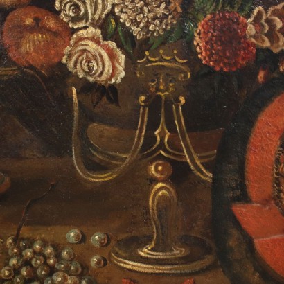 Still Life with Flowers, Fruit and Goldfinch Oil on Canvas Italy '700