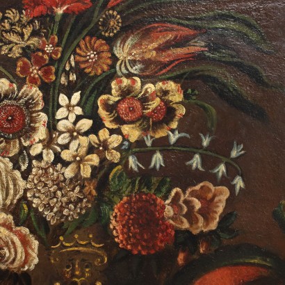 Stillleben mit Blumen, Früchten und Stieglitz Öl auf Leinwand Italien