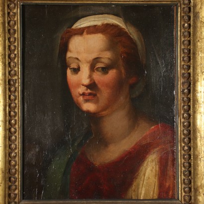 Antique Painting Female Head A. Del Sarto Attr. Tempera on Wood