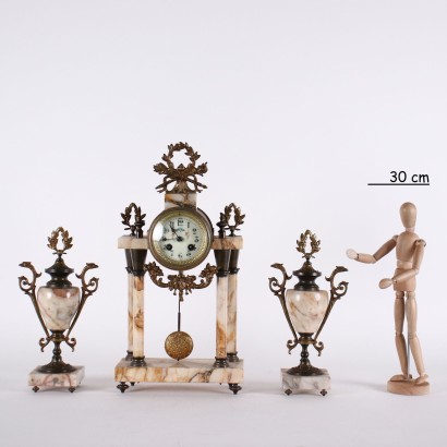 Triptych Marble and Bronze Clock France XIX Century