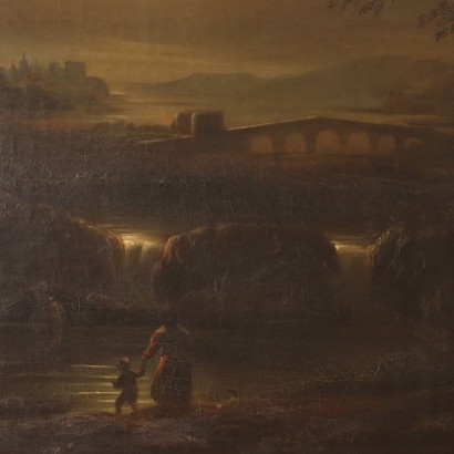 arte, arte italiano, pintura italiana del siglo XIX, Paisaje Nocturno Óleo sobre lienzo del XI