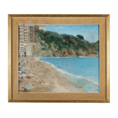 arte, arte italiana, pittura novecento italiana,Dipinto con Paesaggio di Berto Ferrari%2,Spiaggia ligure,Berto Ferrari